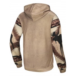 Men'S 3D Digital Print Moose & Reindeer Animal Pattern Hooded Sweatshirt - Winter Warmth Loose Fit Zipper Pullover, Grey & Retro Streetwear with Fur-Like Collar, Casual Long Sleeve Sweater for Autumn and Winter Outdoor Activities, Plus Size