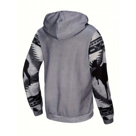 Men'S 3D Digital Print Moose & Reindeer Animal Pattern Hooded Sweatshirt - Winter Warmth Loose Fit Zipper Pullover, Grey & Retro Streetwear with Fur-Like Collar, Casual Long Sleeve Sweater for Autumn and Winter Outdoor Activities, Plus Size