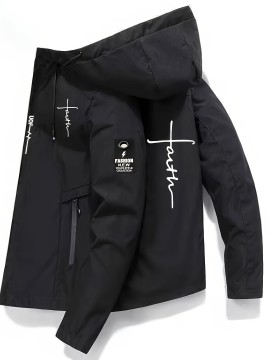 [Plus Size Sports Jacket] Lightweight Windproof Men's Plus Size Sports Jacket | Embroidered Letters, Zippered Pockets, Durable, Breathable, Machine Washable for All Seasons