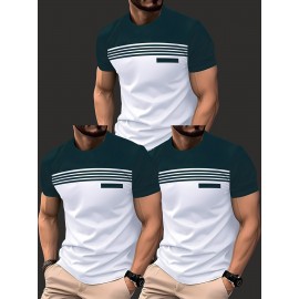 3pcs Men'S Casual Crew Neck Short Sleeve T-Shirts - Light Gray with White Horizontal Stripes, Regular Fit, Slight Stretch Fabric, Stylish Black Watch Accessories, Casual Attire|Striped Tee|Stretchy Fabric, PLUS SIZE