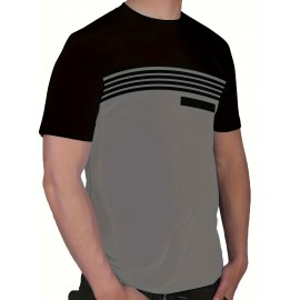 3pcs Men'S Casual Crew Neck Short Sleeve T-Shirts - Light Gray with White Horizontal Stripes, Regular Fit, Slight Stretch Fabric, Stylish Black Watch Accessories, Casual Attire|Striped Tee|Stretchy Fabric, PLUS SIZE
