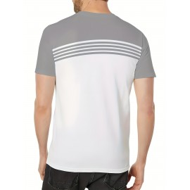 3pcs Men'S Casual Crew Neck Short Sleeve T-Shirts - Light Gray with White Horizontal Stripes, Regular Fit, Slight Stretch Fabric, Stylish Black Watch Accessories, Casual Attire|Striped Tee|Stretchy Fabric, PLUS SIZE