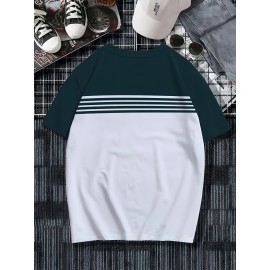 3pcs Men'S Casual Crew Neck Short Sleeve T-Shirts - Light Gray with White Horizontal Stripes, Regular Fit, Slight Stretch Fabric, Stylish Black Watch Accessories, Casual Attire|Striped Tee|Stretchy Fabric, PLUS SIZE